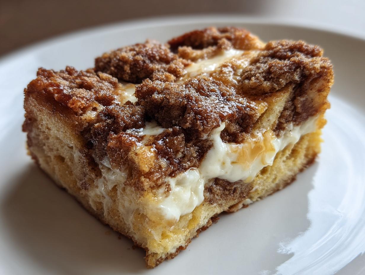 Close-up of a square slice of french toast casserole featuring layers of bread, cream cheese filling, and a cinnamon streusel topping.