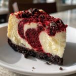 A close-up slice of red velvet cheesecake showing a beautiful red and white swirl pattern on a white plate.