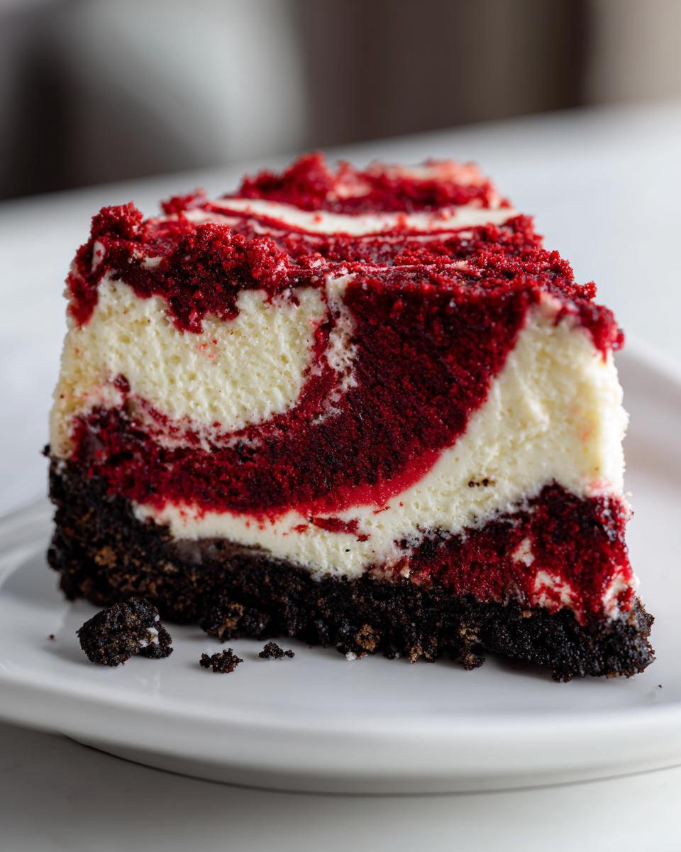 Close-up of a decadent slice of red velvet cheesecake featuring a dark crust and striking red and white swirls.