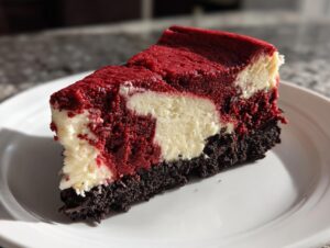 A close-up of a rich slice of red velvet cheesecake featuring deep red and white swirls over a dark chocolate crust.