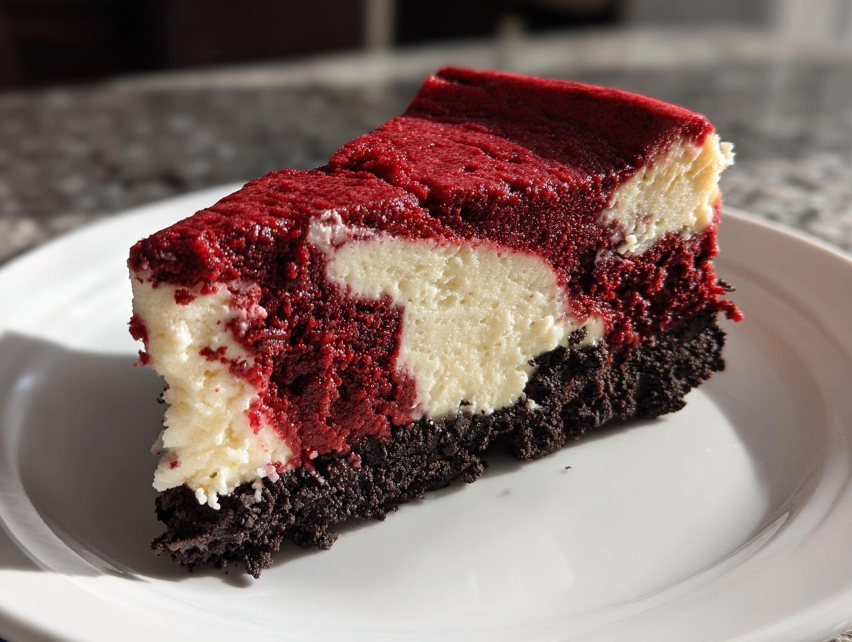 A close-up of a rich slice of red velvet cheesecake featuring deep red and white swirls over a dark chocolate crust.