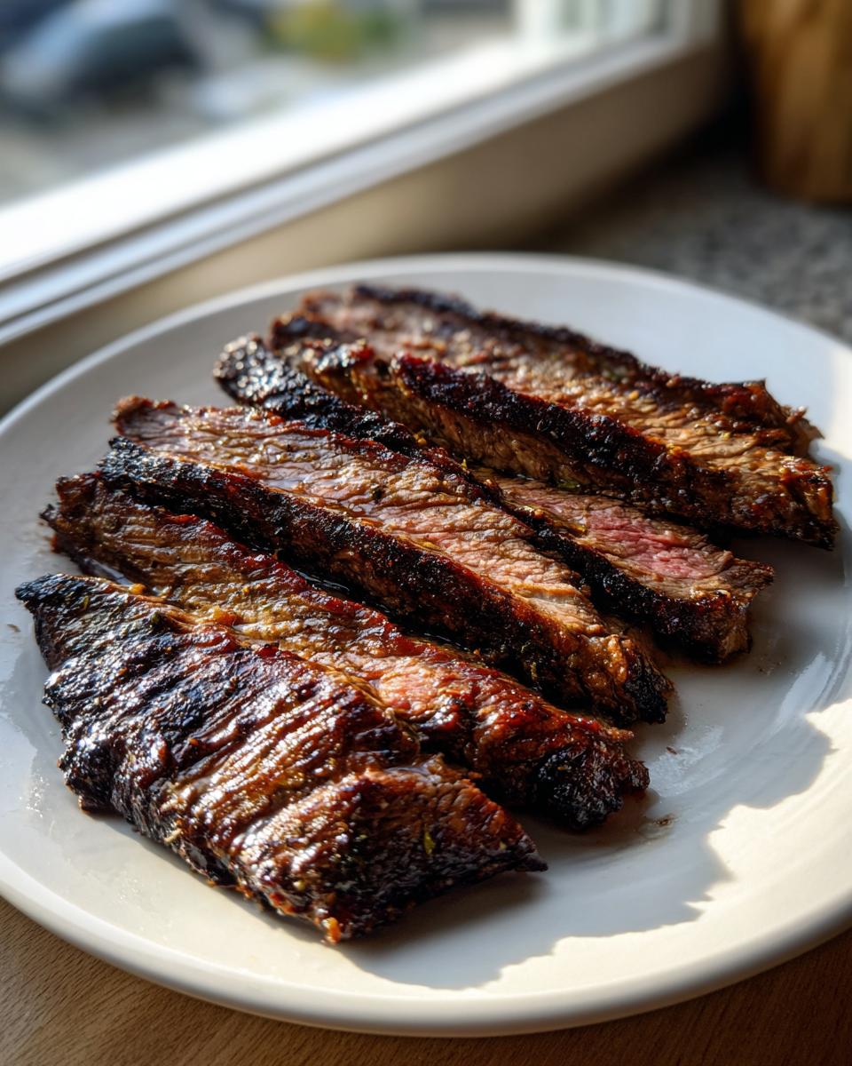 Slices of grilled steak showing a medium-rare center, prepared using a Carne asada marinade.