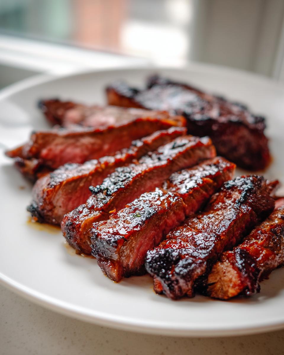 Close-up of perfectly grilled and sliced steak coated in a rich Carne asada marinade, served on a white plate.