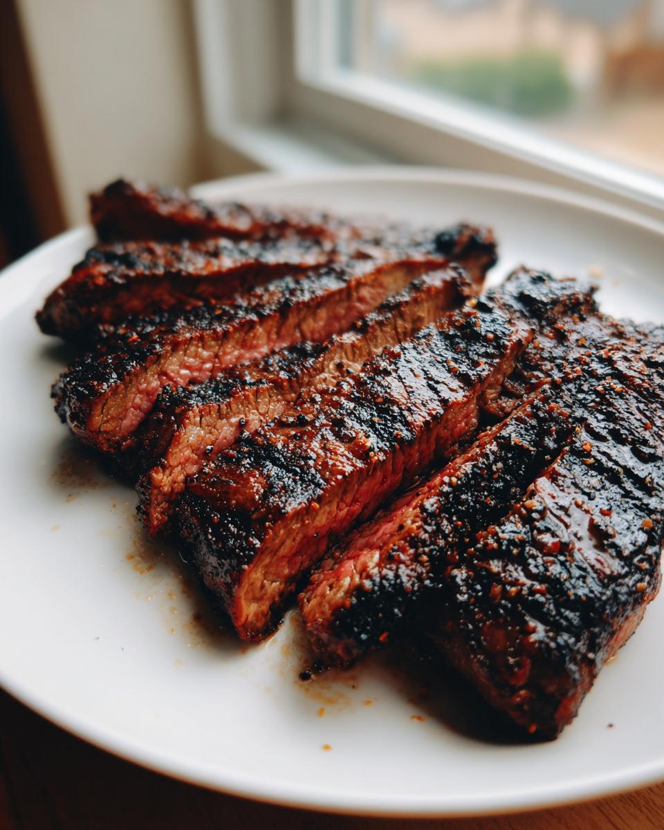 Close-up of medium-rare steak slices showing a dark, seasoned crust from the Carne asada marinade.