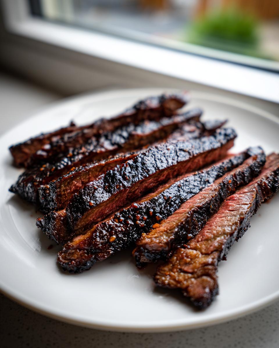 Close-up of medium-rare steak slices showing a dark, caramelized crust from the Carne asada marinade.