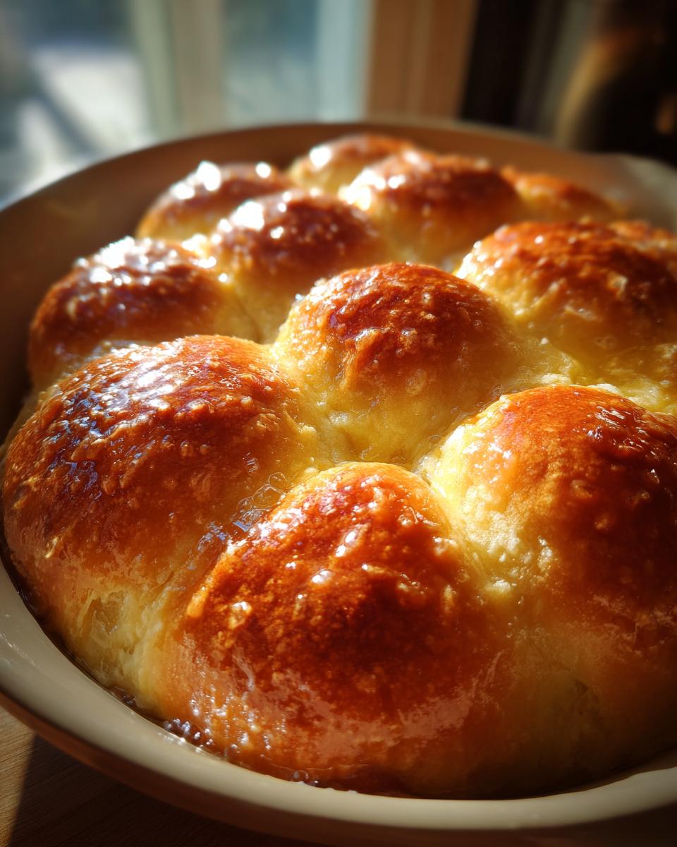Close-up of golden brown, glossy dinner rolls baked together in a round dish, brushed with butter.