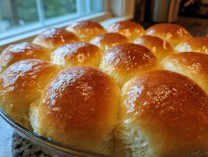 Close-up of shiny, golden-brown, soft buttery dinner rolls baked together in a clear glass dish.