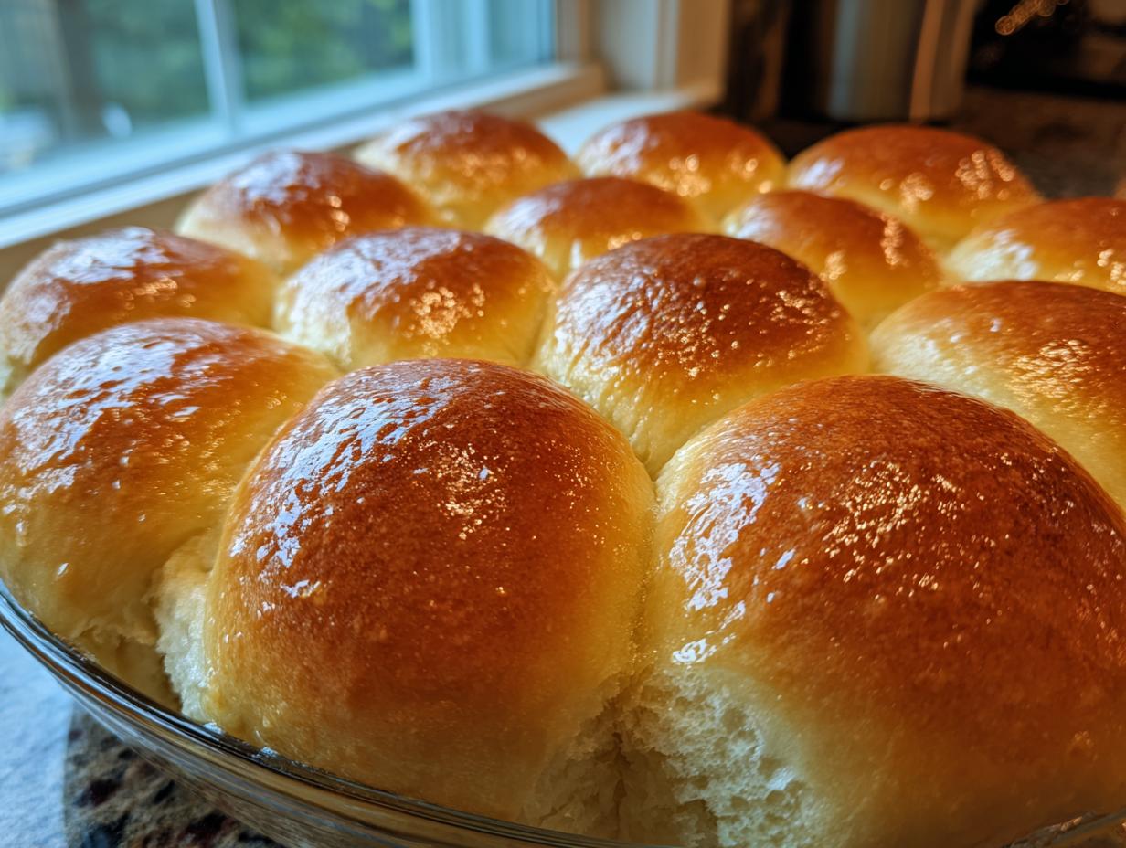 Close-up of shiny, golden-brown, soft buttery dinner rolls baked together in a clear glass dish.