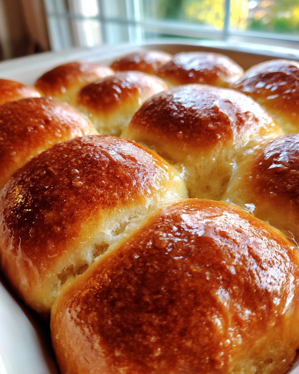Close-up of golden brown, shiny, soft buttery dinner rolls baked together in a white dish.