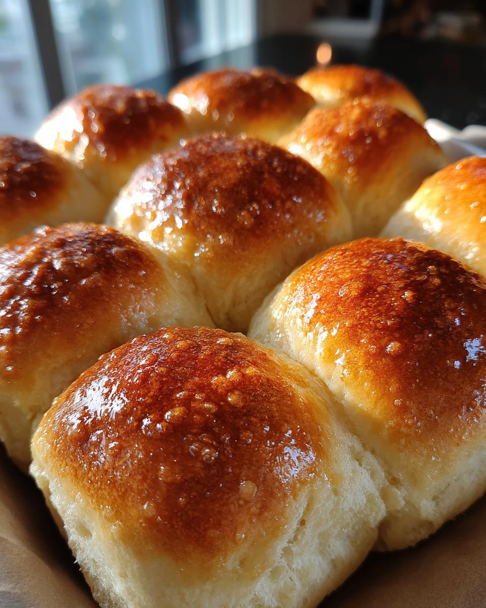 A close-up view of freshly baked, golden-brown dinner rolls, glistening with a buttery glaze.