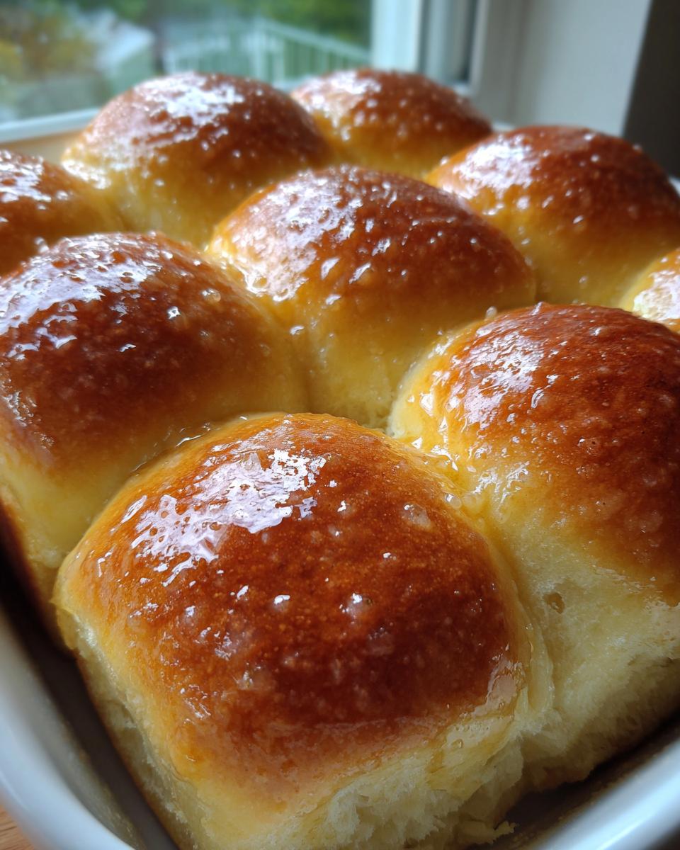 A close-up of freshly baked, golden-brown dinner rolls topped with a shiny, buttery glaze.