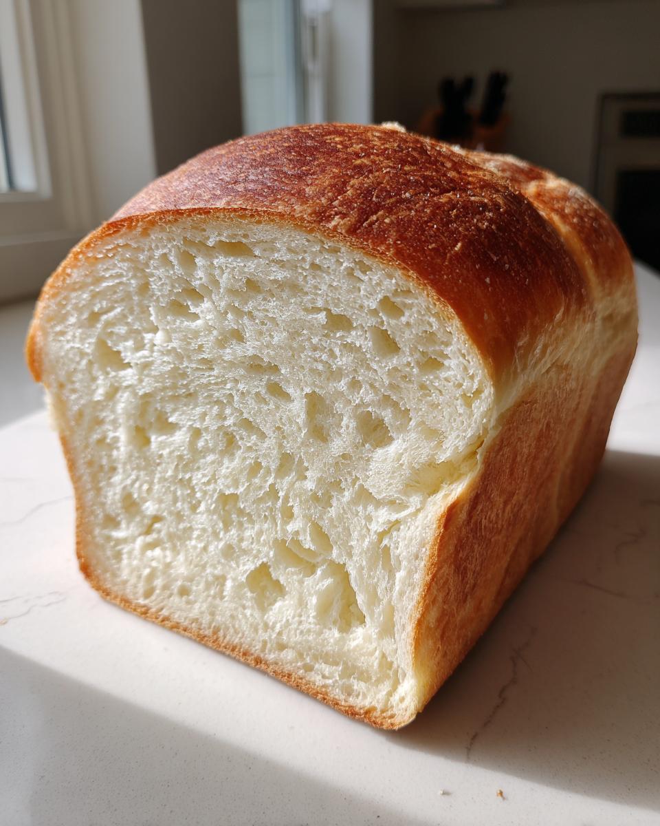 A close-up view of the soft, white interior crumb of a freshly baked sourdough sandwich bread loaf.
