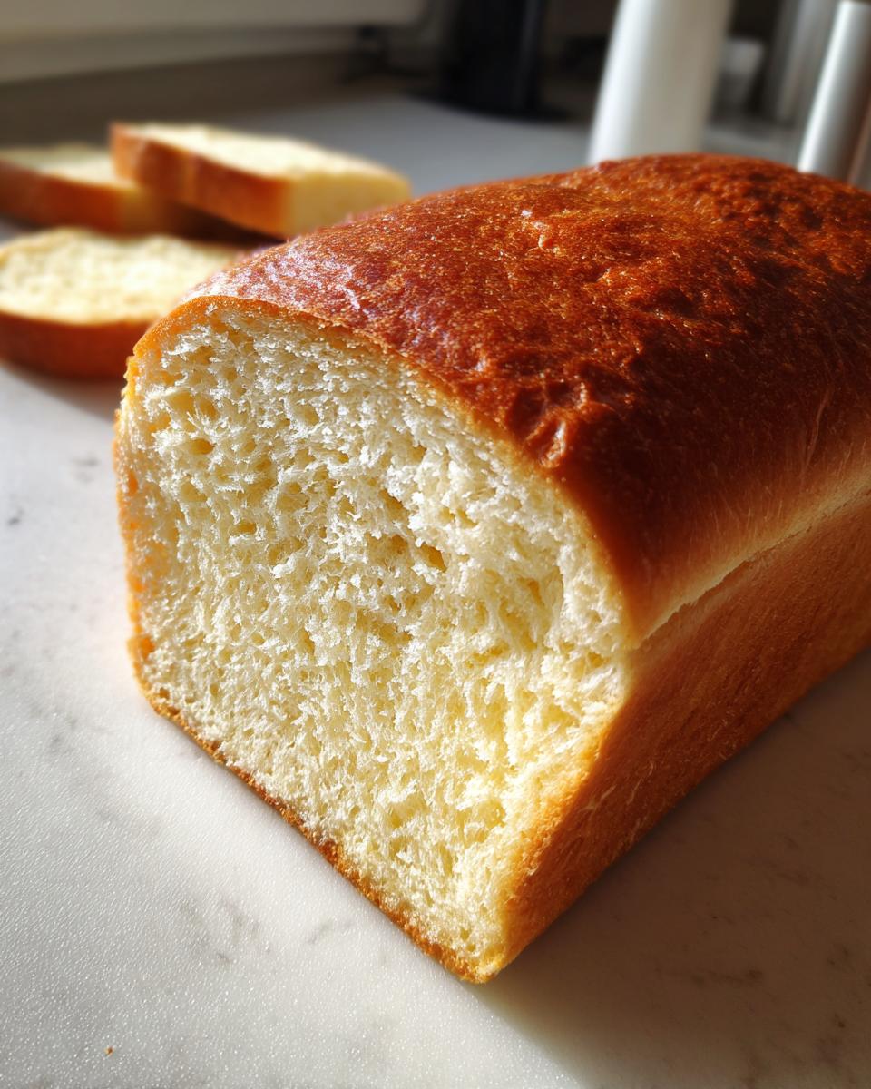 A close-up view of a freshly baked sourdough sandwich bread loaf showing its soft, tight crumb and golden-brown crust.