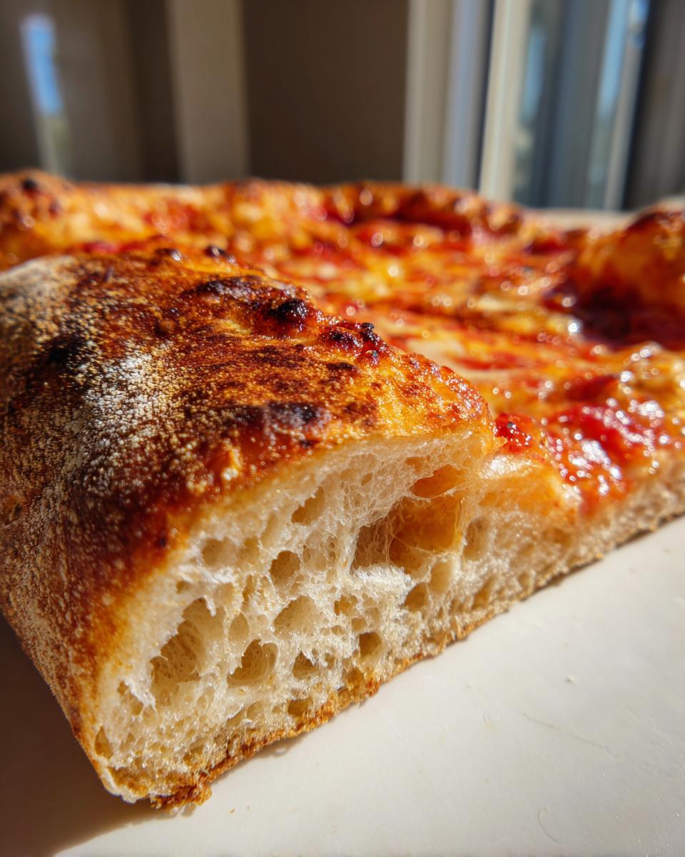 Close-up cross-section showing the airy, open crumb structure of sourdough discard pizza dough.