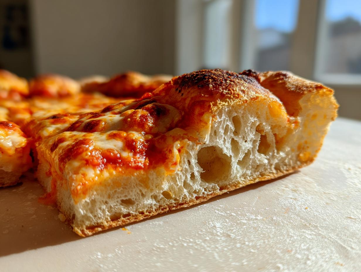 Close-up of a thick slice showing the airy, open crumb structure of sourdough discard pizza dough topped with melted cheese.