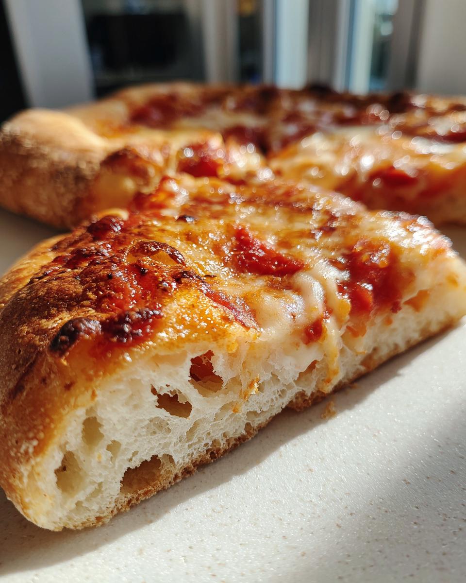 Close-up of a slice showing the airy crumb structure of sourdough discard pizza dough crust topped with melted cheese.