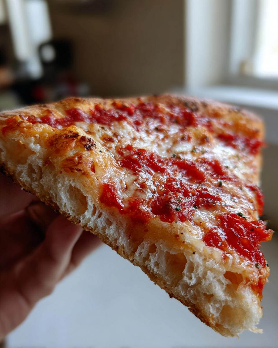 A hand holding a thick slice of pizza showing the airy, bubbly interior crust made from sourdough discard pizza dough.