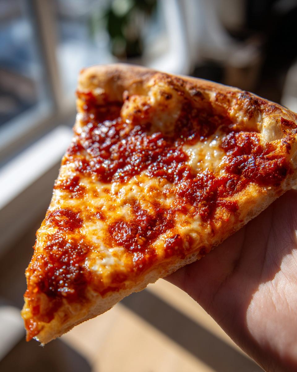 A hand holding a perfect slice of cheese pizza made with sourdough discard pizza dough, showing a bubbly crust.