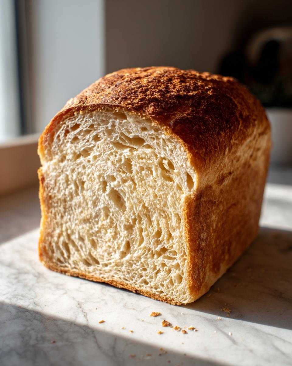 A close-up view showing the soft, open crumb structure of a freshly baked sourdough sandwich bread loaf.