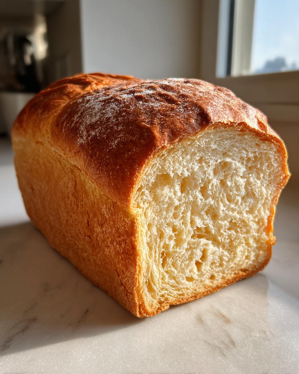 A golden-crusted loaf of soft sourdough sandwich bread, sliced to show the fluffy interior crumb.