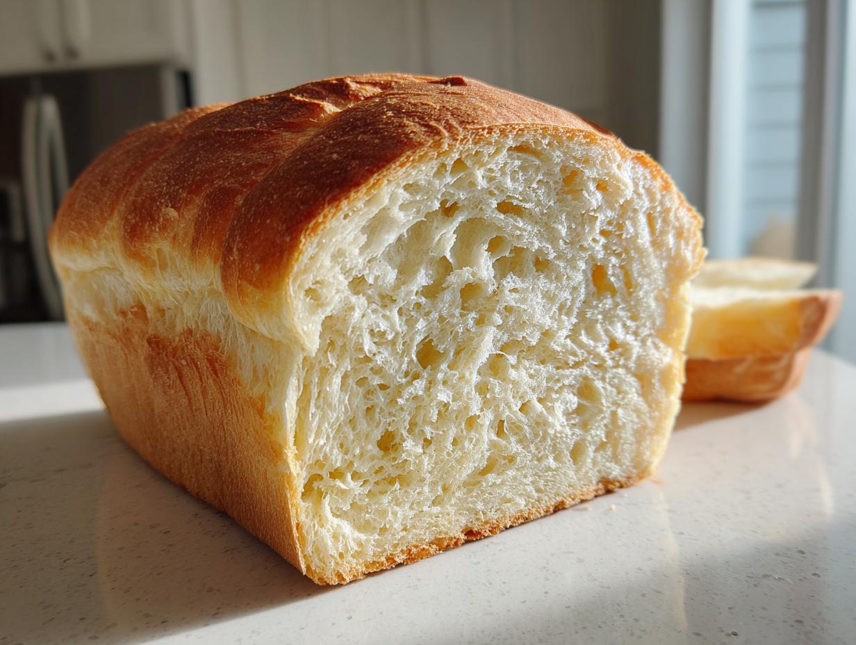 A close-up of a freshly baked sourdough sandwich bread loaf, showing its soft, white interior crumb.