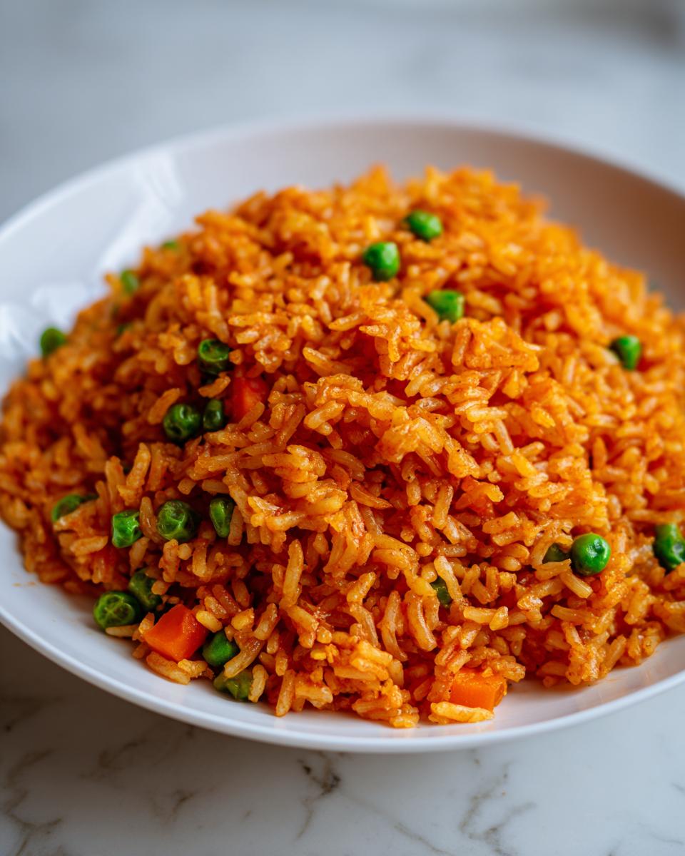 A close-up shot of vibrant, orange-colored Spanish rice mixed with bright green peas and diced carrots served in a white bowl.