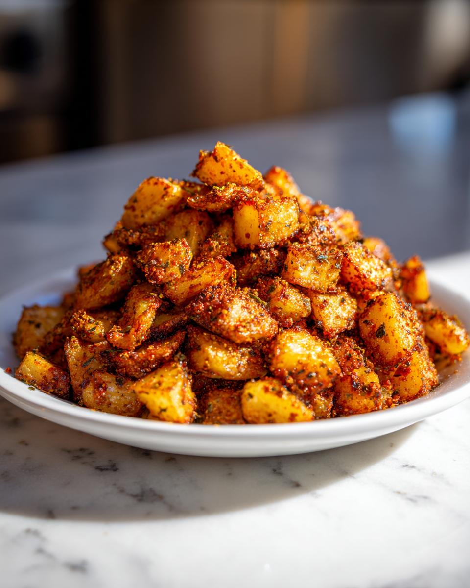 A mound of perfectly seasoned, golden brown breakfast potatoes piled high on a white plate.