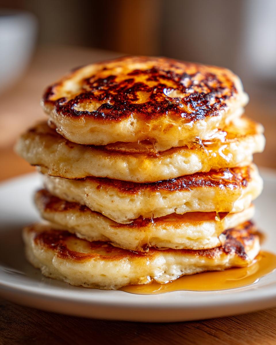 Close-up of a tall stack of five fluffy pancakes dripping with golden syrup.