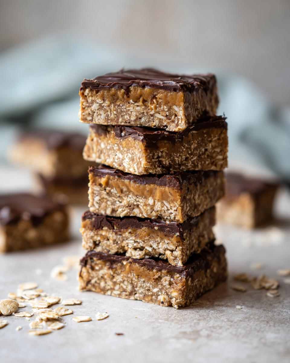A stack of five homemade protein bars with an oat base, caramel layer, and chocolate topping, scattered with raw oats.