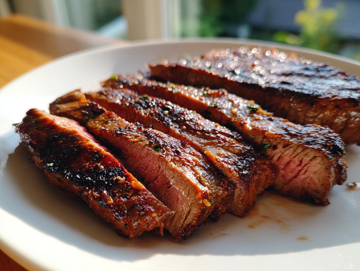 Close-up of medium-rare steak, sliced against the grain, showing char marks from grilling after using the carne asada marinade.