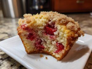 Close-up of a halved strawberry muffin showing moist crumb, bright red strawberry pieces, and a sugary streusel topping.