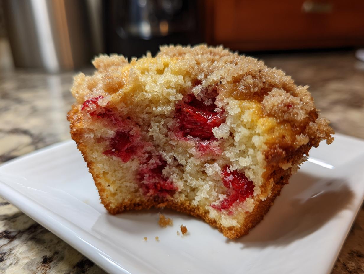 Close-up of a halved strawberry muffin showing moist crumb, bright red strawberry pieces, and a sugary streusel topping.