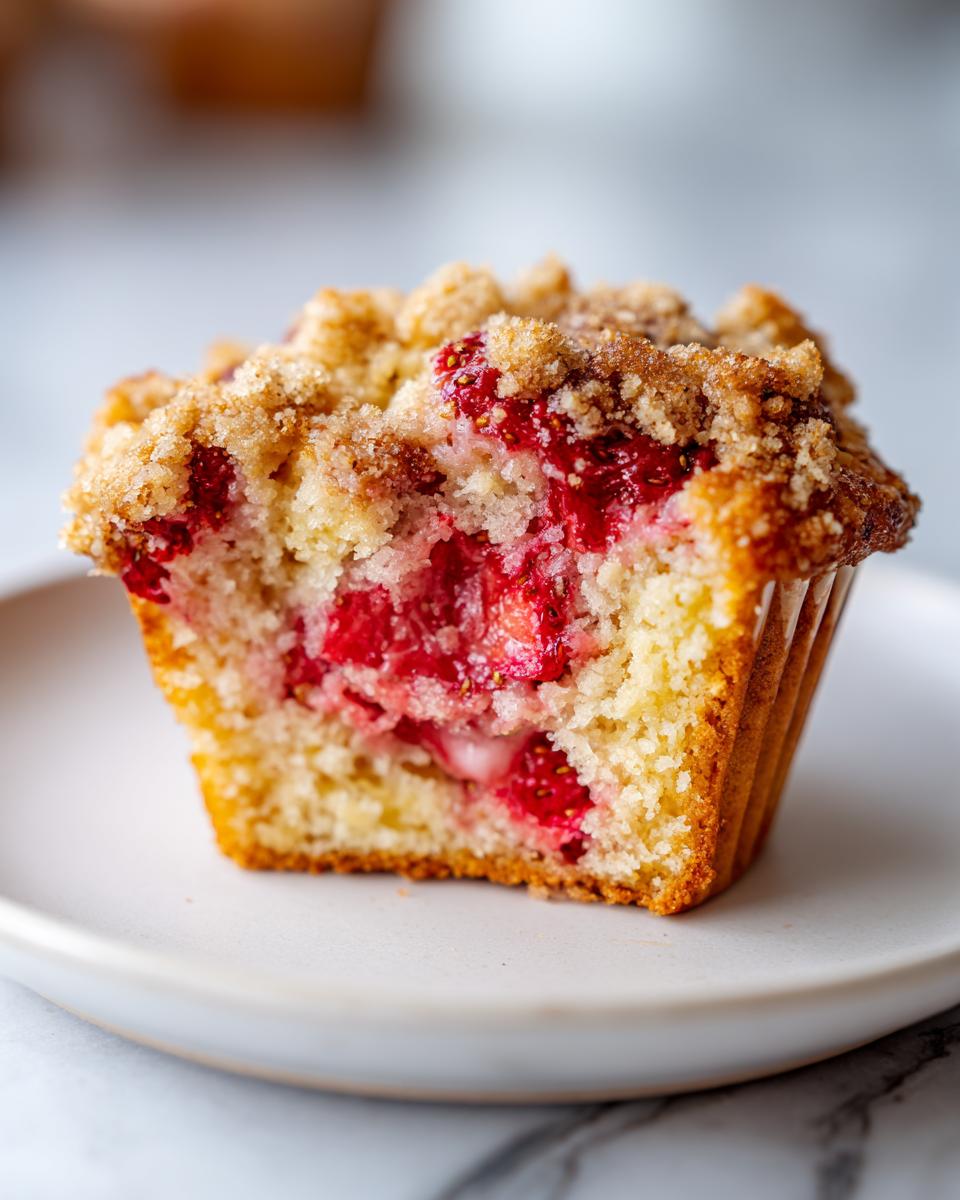 A cross-section of a moist strawberry muffins showing bright red berries and a sugary crumb topping.