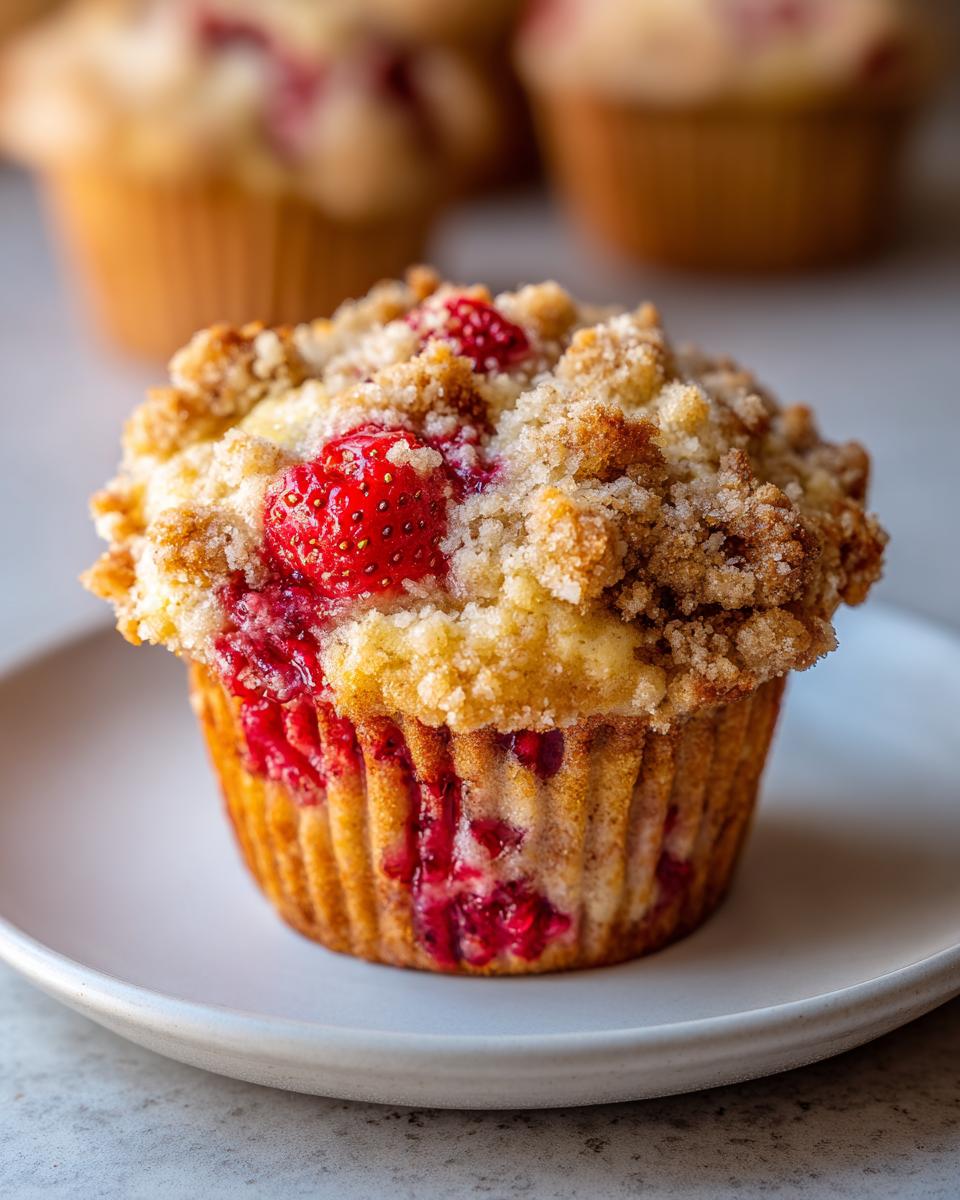 A close-up of a single, moist strawberry muffin topped with a generous layer of golden brown streusel crumb topping.