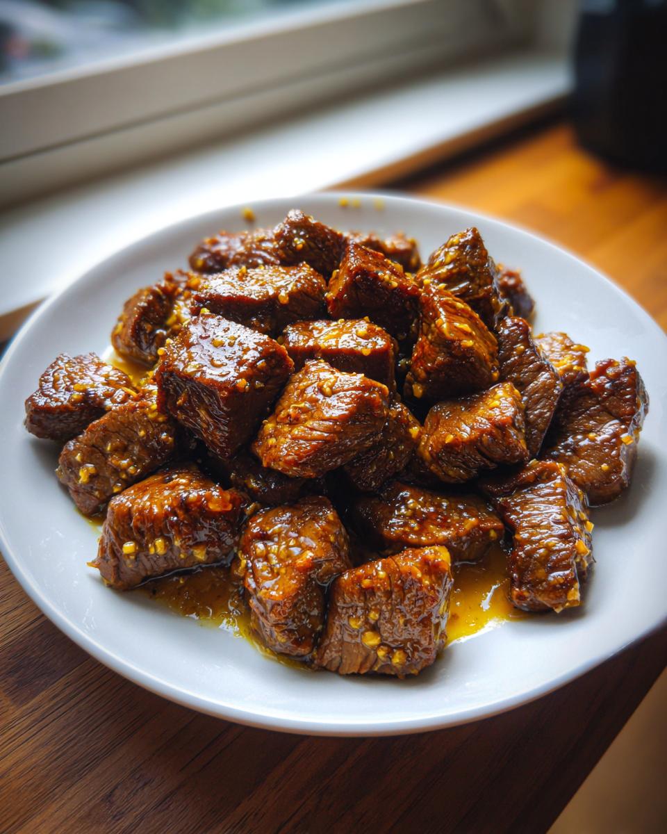 Close-up of tender crockpot steak bites coated in a savory, glossy glaze served on a white plate.