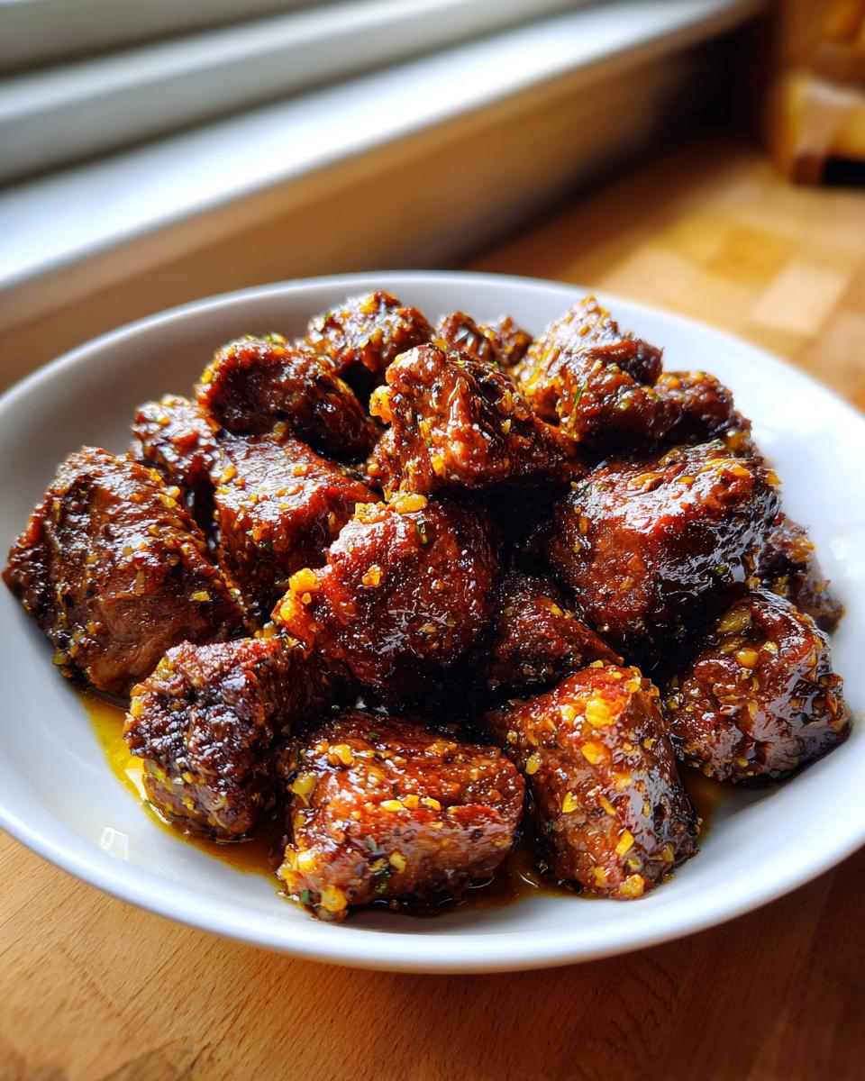 Close-up of tender, cubed crockpot steak coated in a rich, savory glaze with visible minced garlic and herbs.