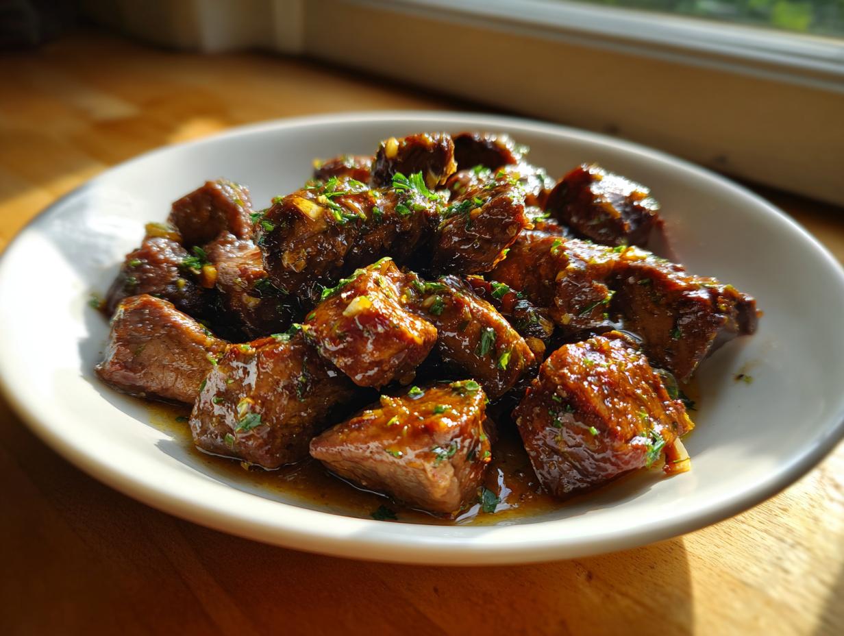 Close-up of tender crockpot steak pieces coated in a glossy sauce and garnished with fresh parsley.