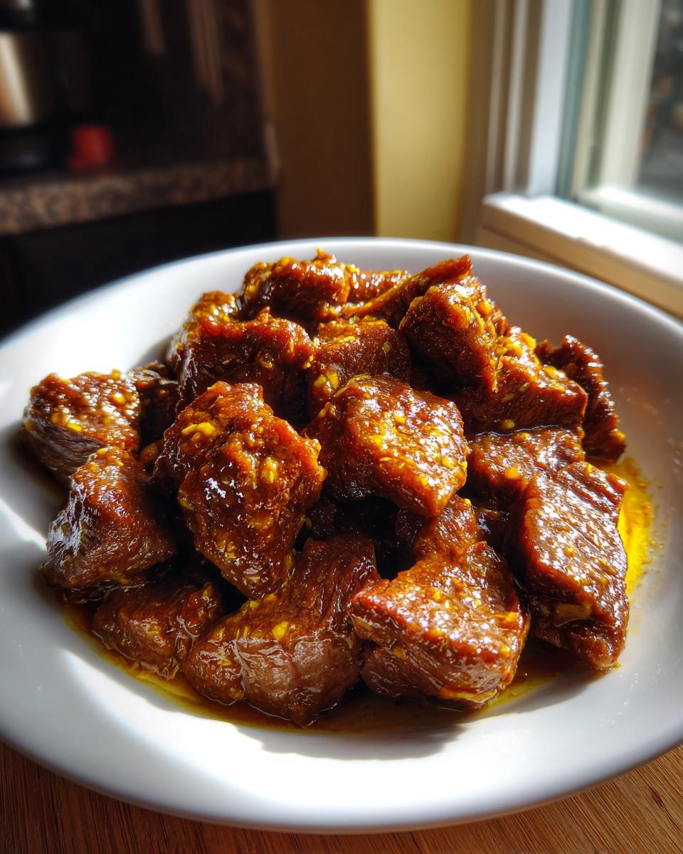 Close-up of tender, saucy crockpot steak chunks served in a white bowl, glistening under natural light.