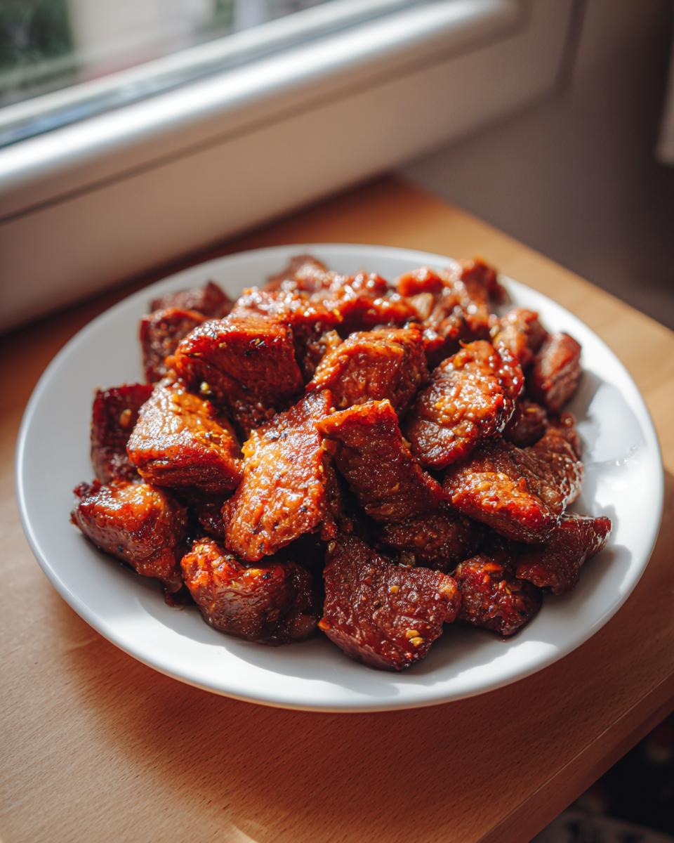 Close-up of rich, caramelized chunks of tender crockpot steak served on a white plate near a window.