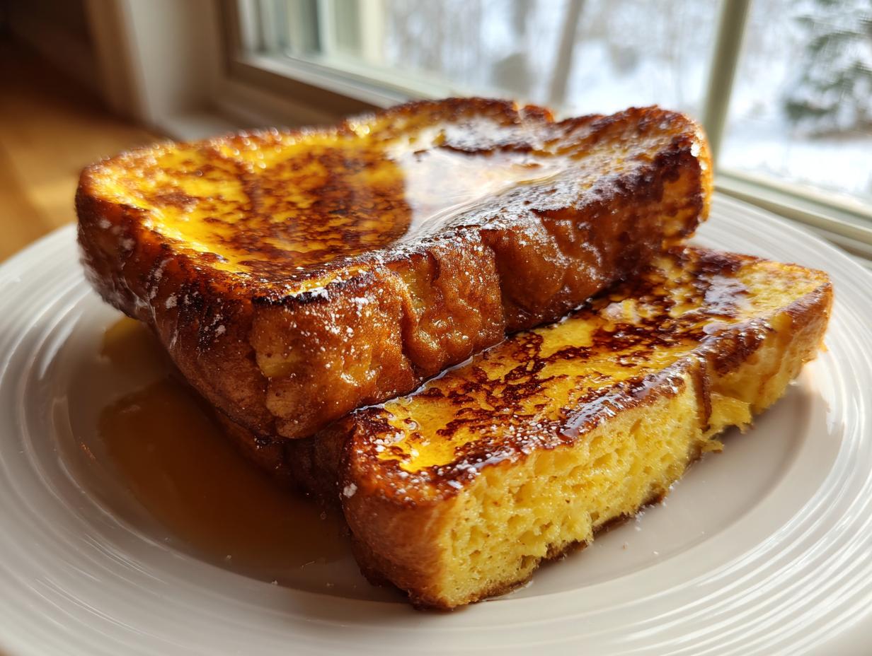 Two thick slices of golden brown french toast stacked on a white plate, covered in syrup and powdered sugar.