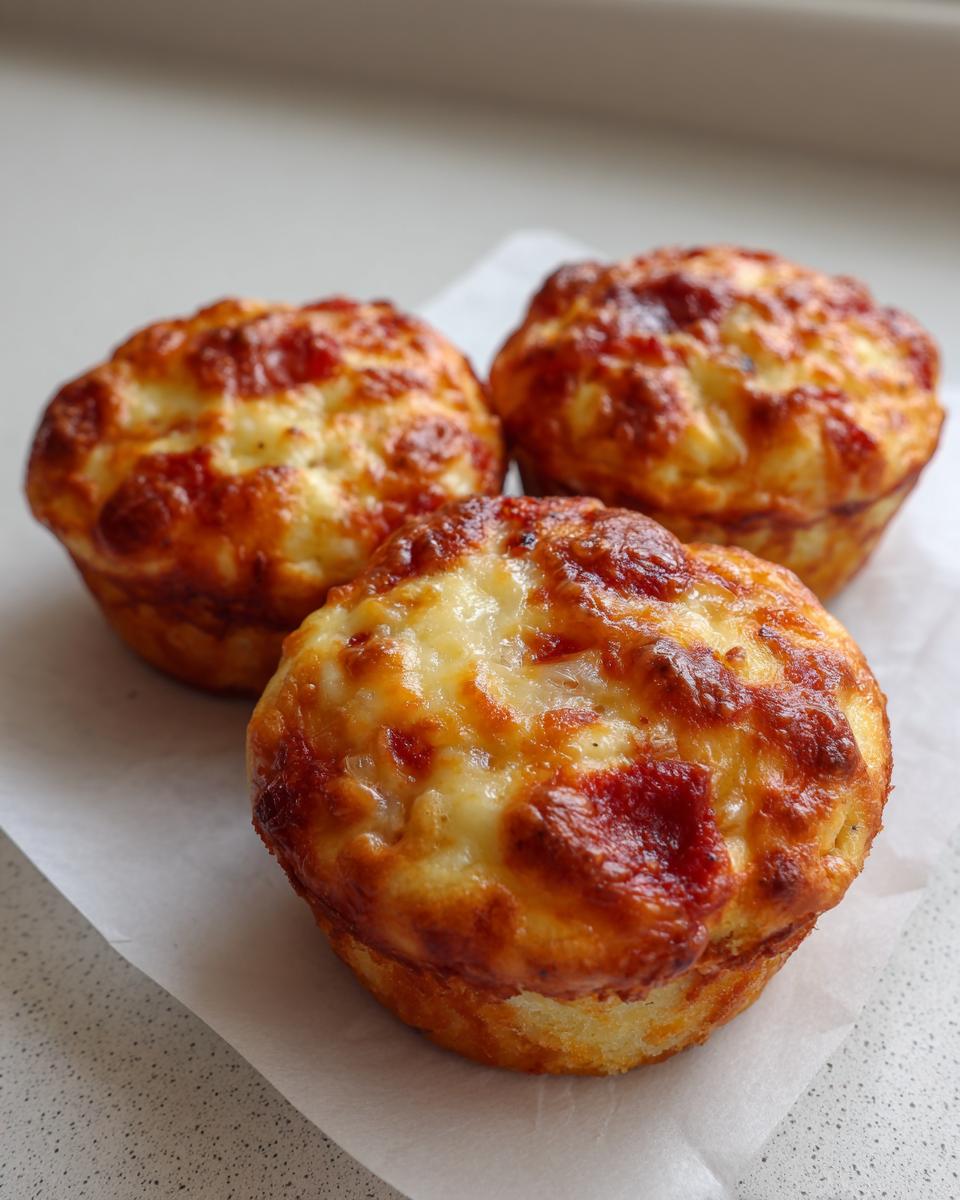 Three freshly baked pizza muffins with bubbly, browned cheese and tomato sauce topping.