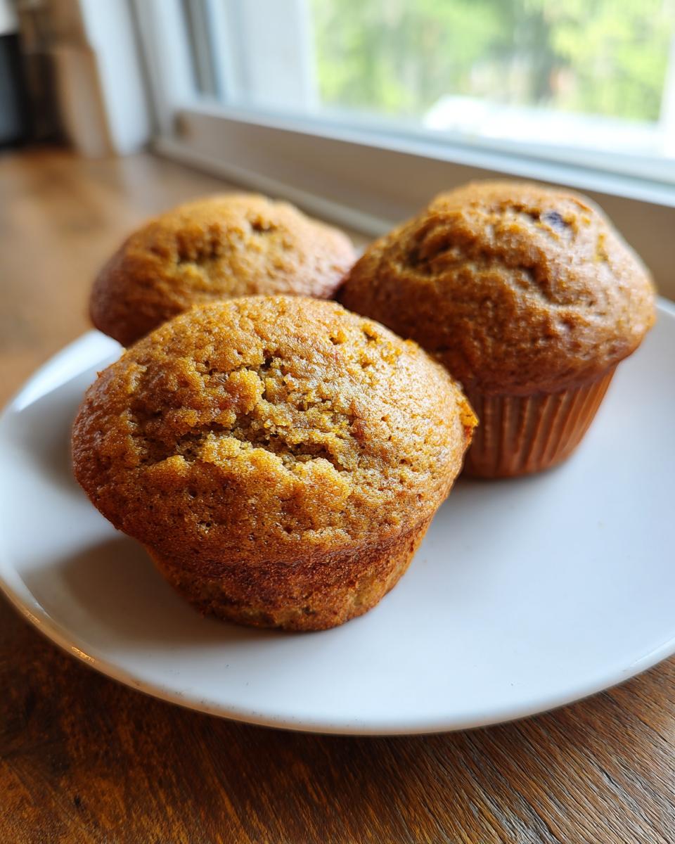 Three freshly baked honey bran muffins resting on a white plate near a bright window.
