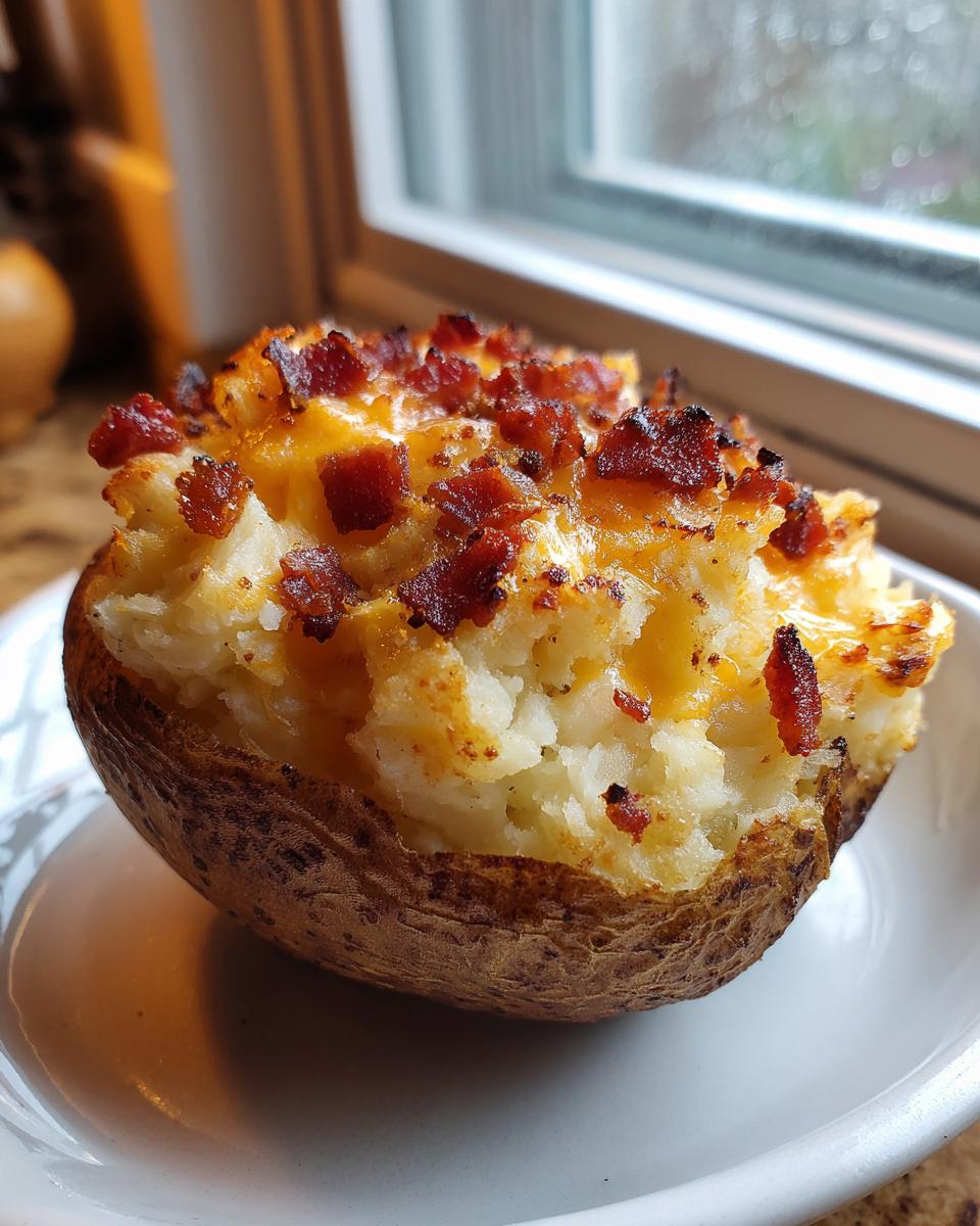 A close-up of a delicious twice baked potato stuffed with creamy filling, melted cheese, and topped with crispy bacon bits.