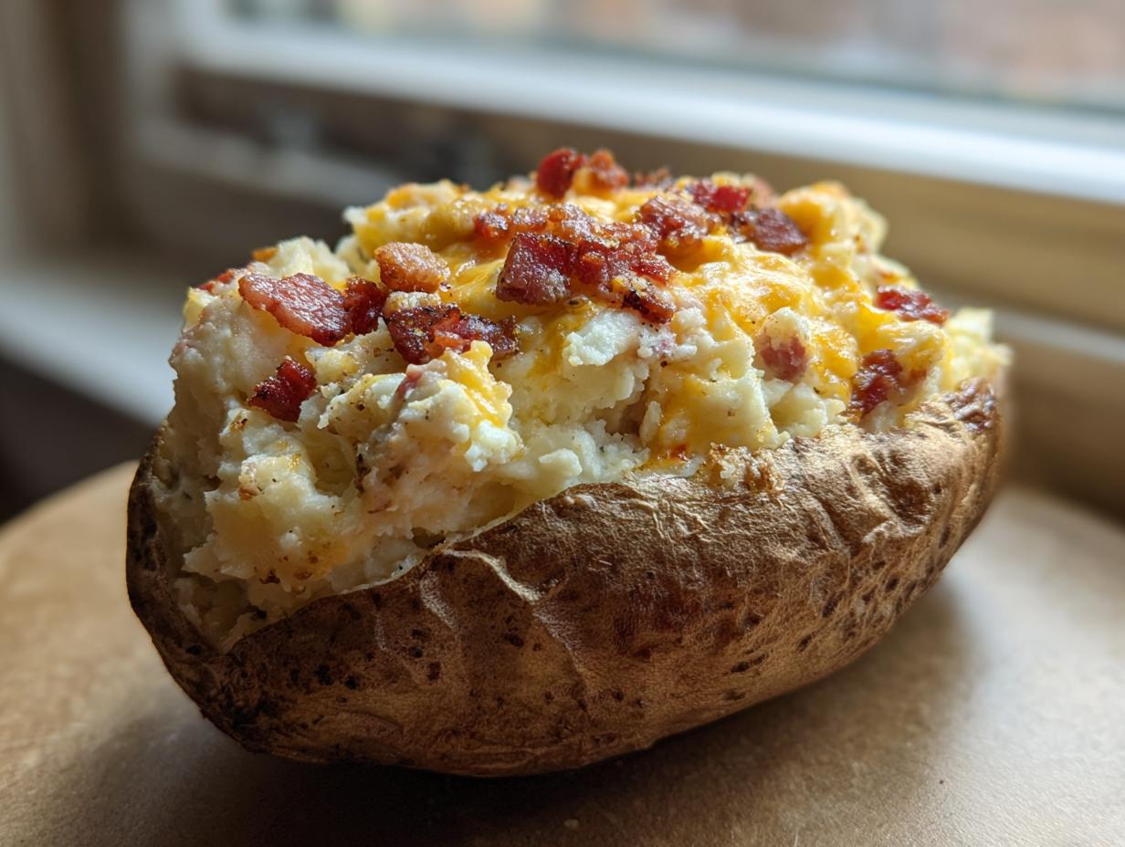A close-up of a perfectly prepared twice baked potato stuffed with creamy filling, melted cheese, and crispy bacon bits.
