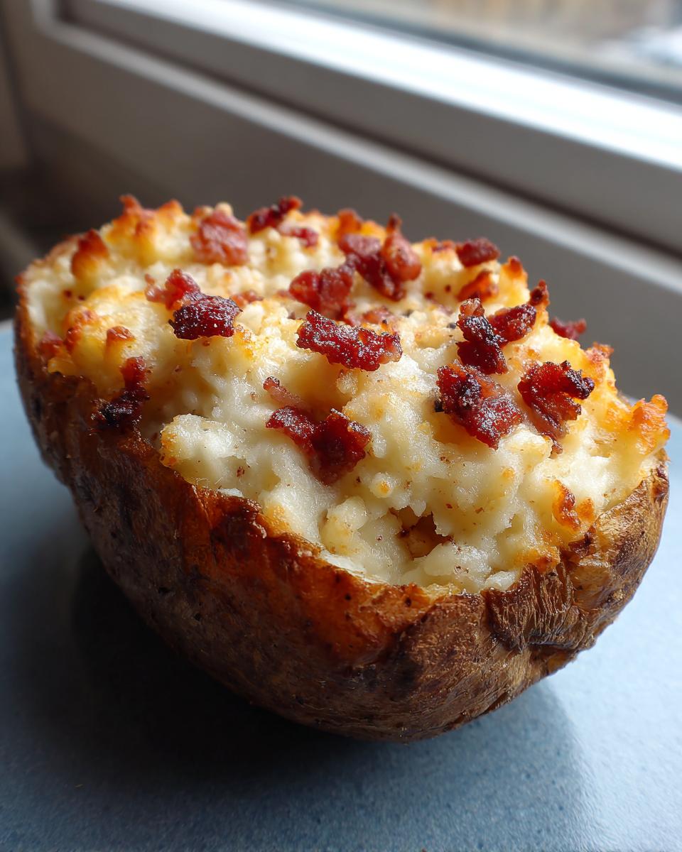 A single, perfectly baked twice baked potato stuffed with creamy filling and topped generously with crispy bacon bits.