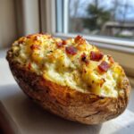 Close-up of a golden brown twice baked potato stuffed with creamy mashed potato, cheese, and bacon bits.