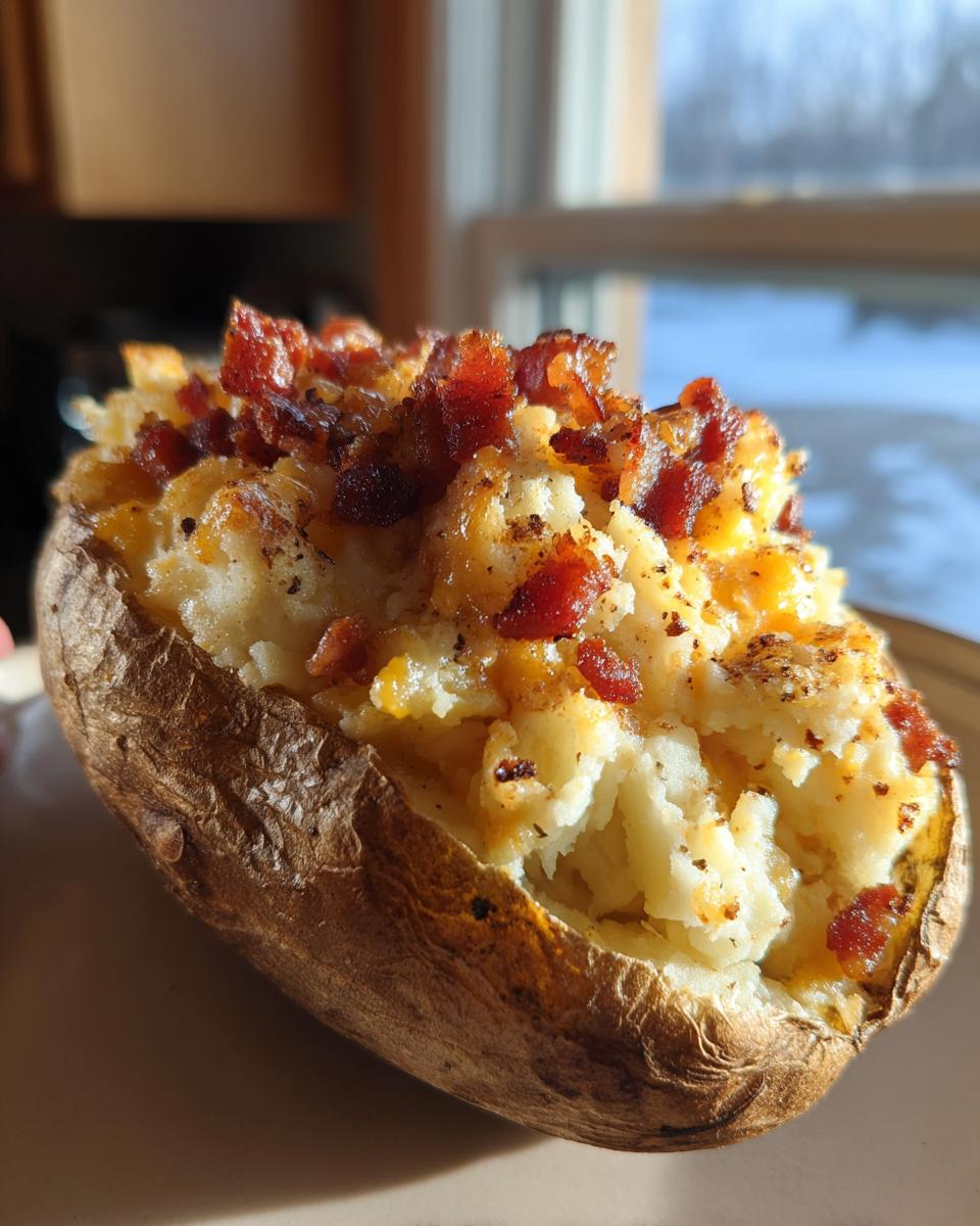 A close-up of a perfectly cooked twice baked potato stuffed with creamy filling and topped generously with crispy bacon bits.