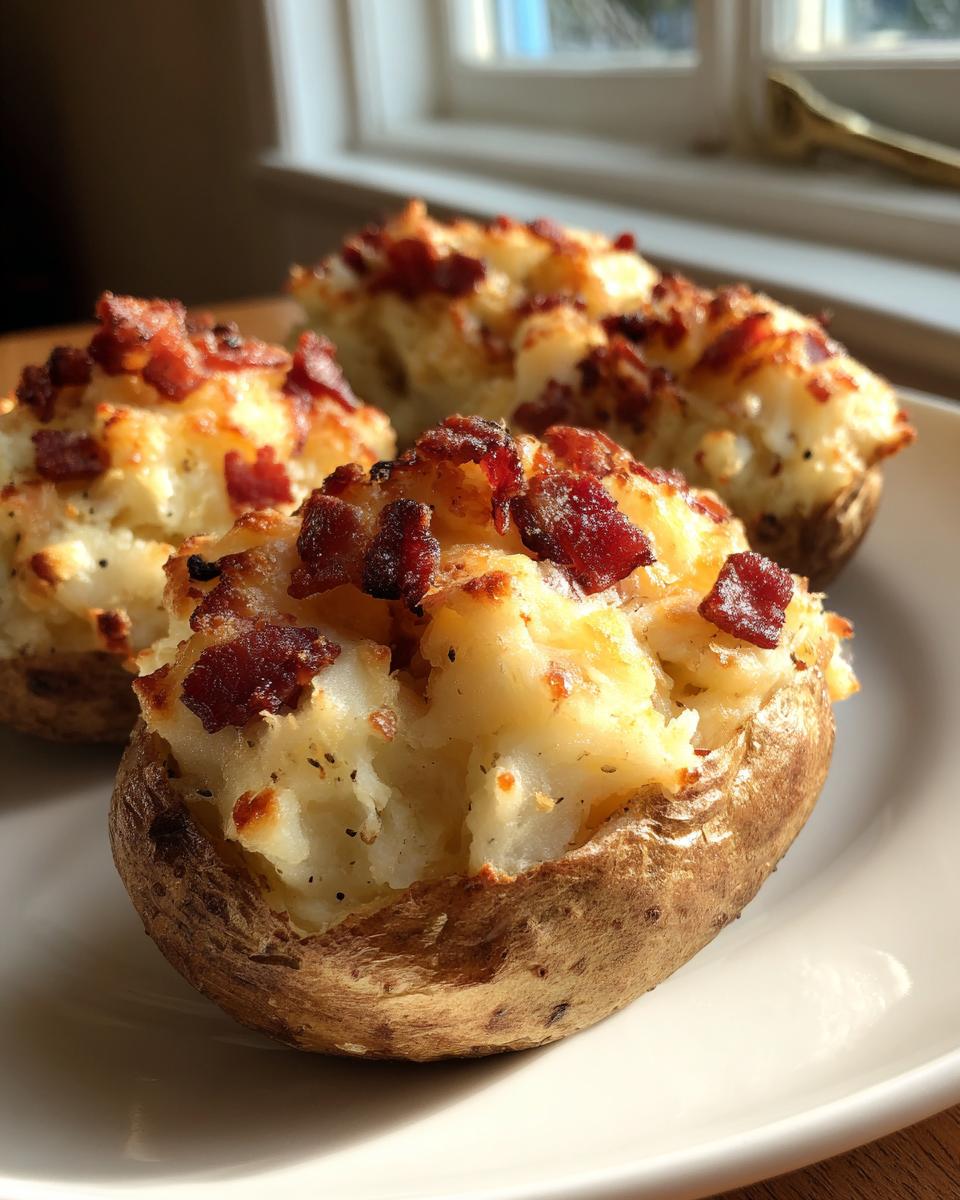 Three delicious twice baked potatoes loaded with creamy filling and crispy bacon bits, served on a white plate.