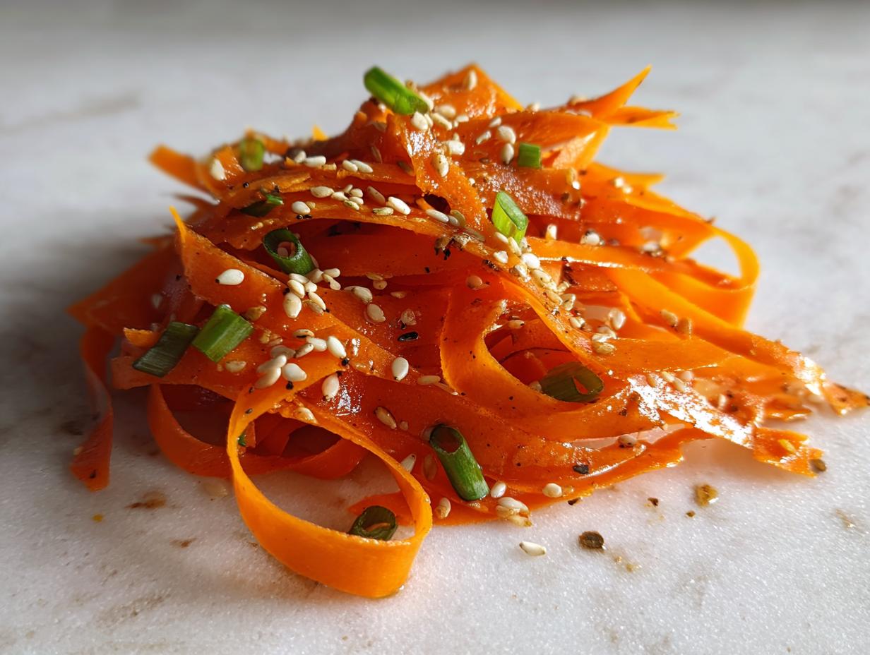 Close-up of a vibrant pile of ribboned raw carrot salad topped with toasted sesame seeds and chopped green onions.