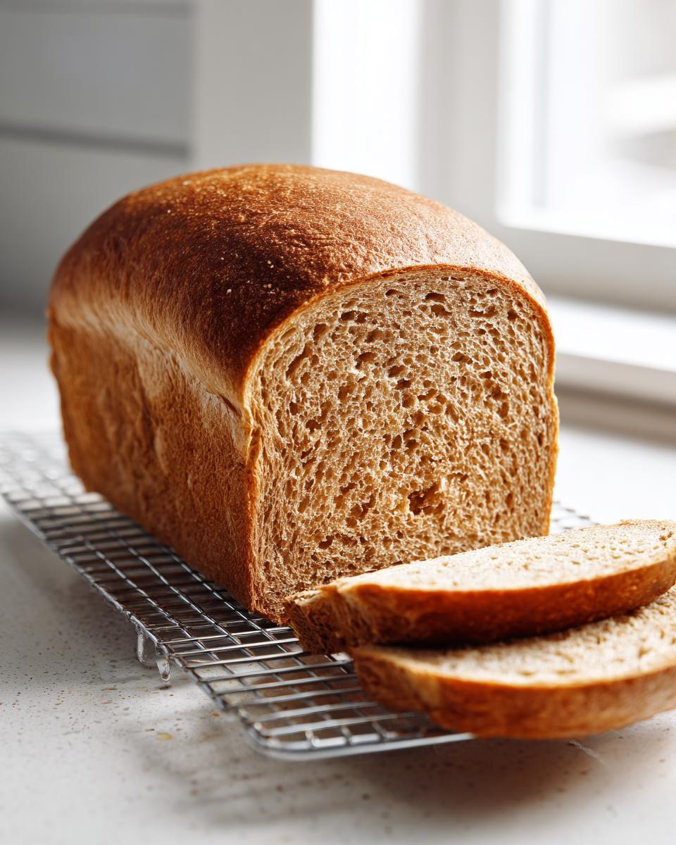 A golden-brown loaf of homemade whole wheat bread, partially sliced, resting on a cooling rack.